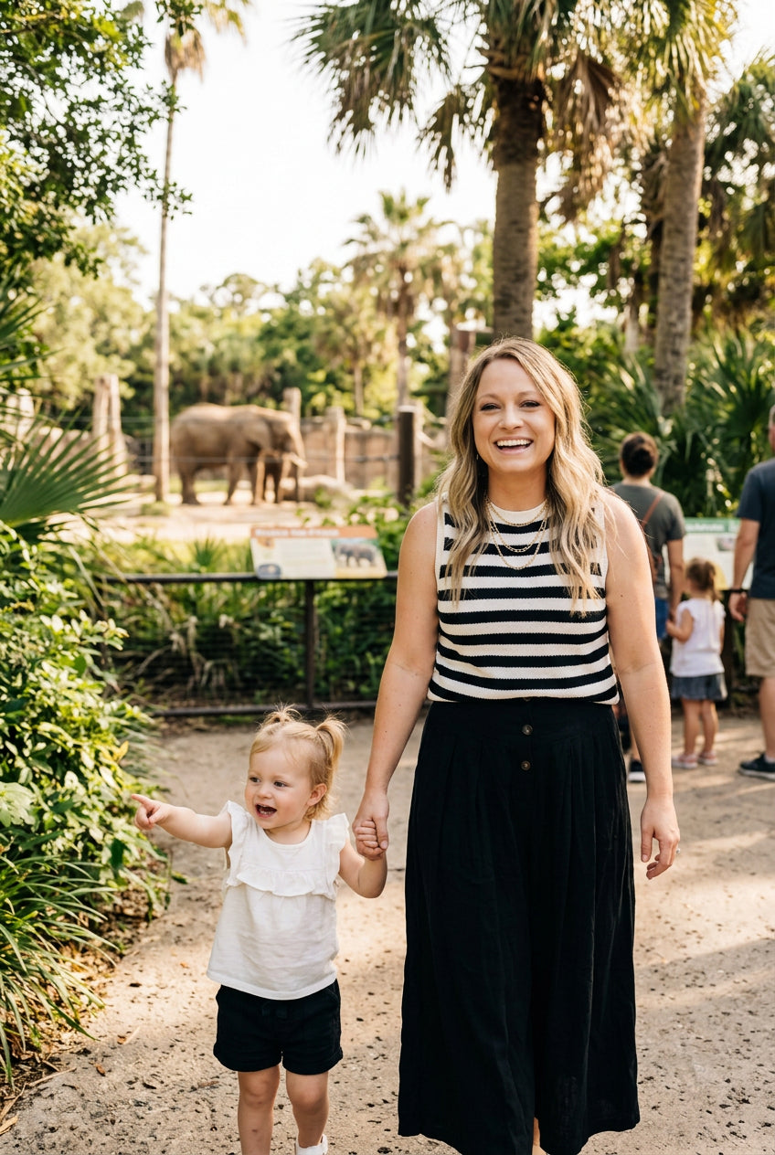 Mother and child wearing coordinated outfits for a casual family outing