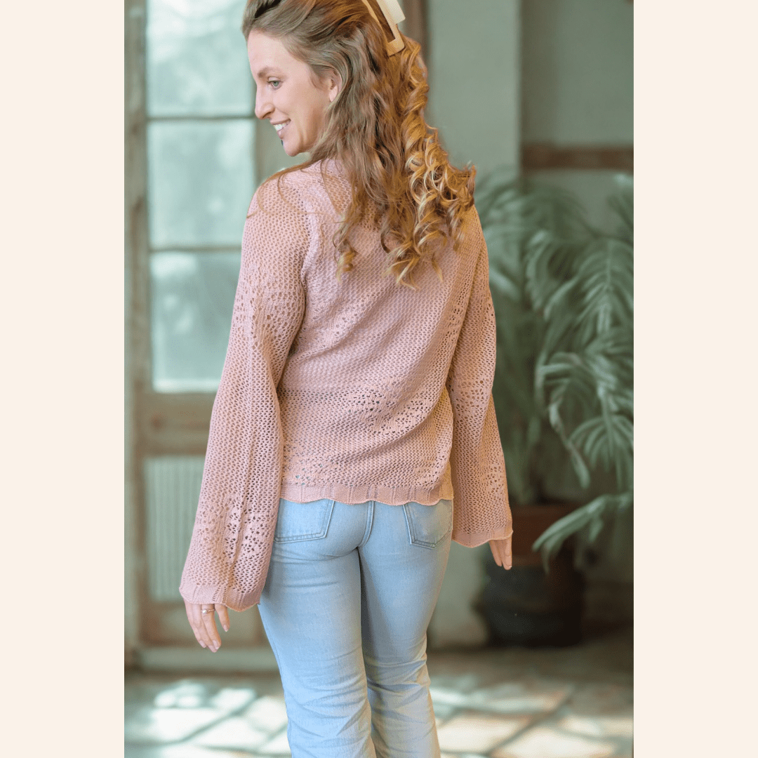 Nova's Blush Bloom Crochet Bell-Sleeve Cardigan – Women
