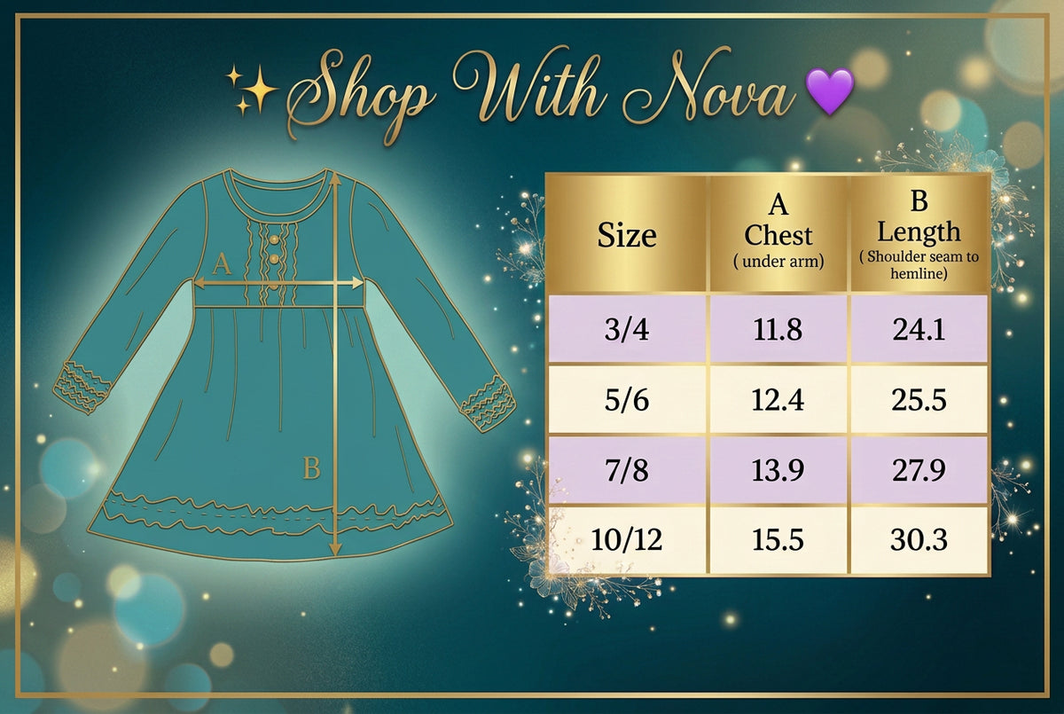 Size chart for girls' teal green dress showing garment measurements.