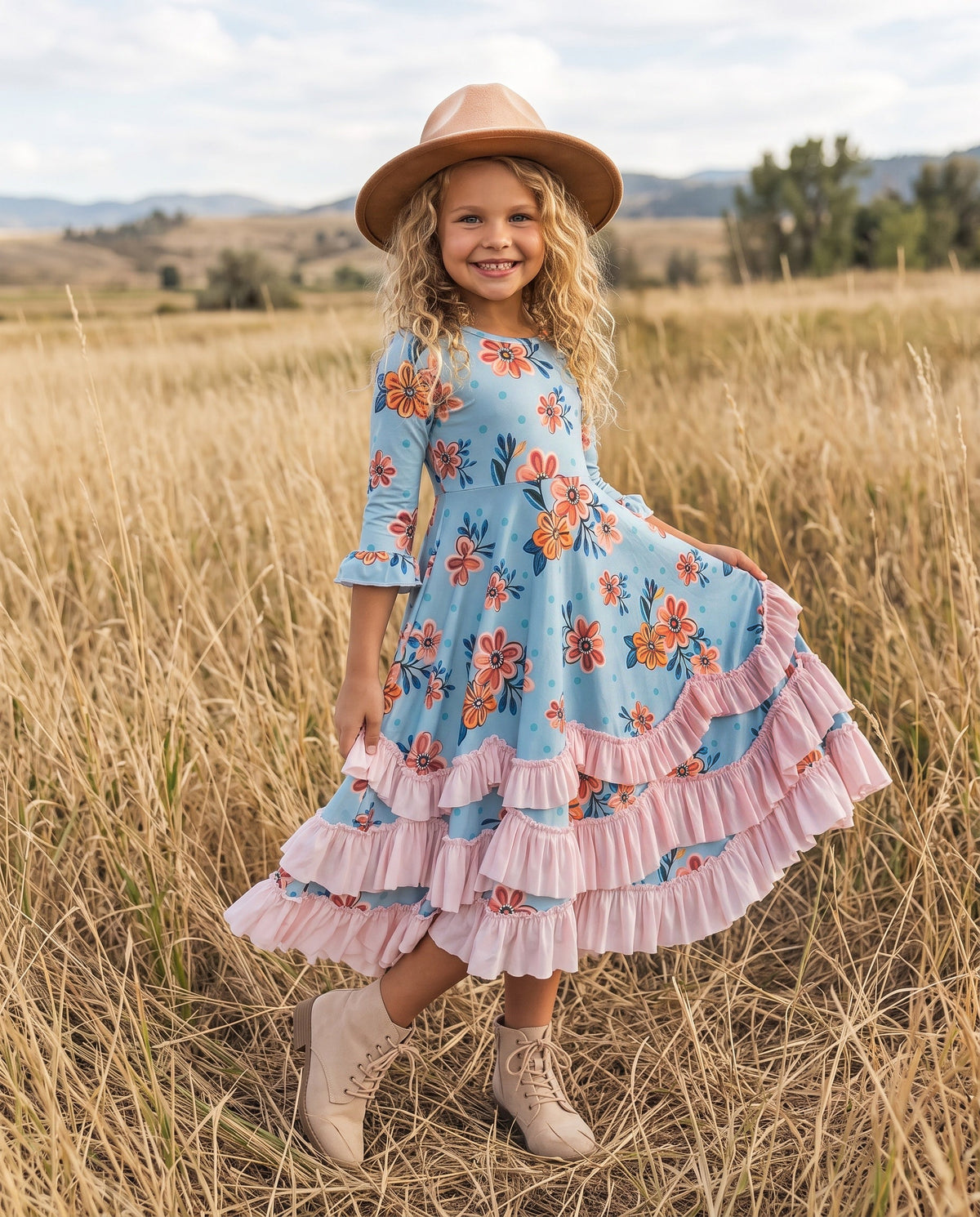 Girls' Bella Winter Garden floral dress modeled outdoors with layered ruffles.