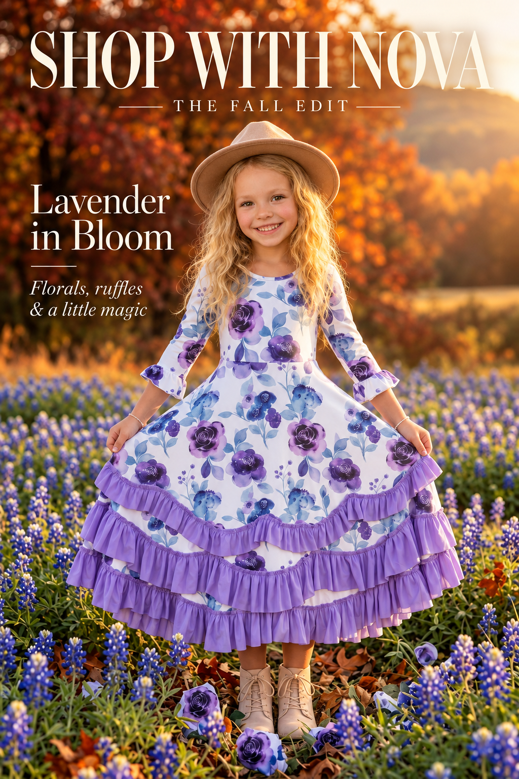 Nova's Girls' Lavender Floral Ruffle Dress
