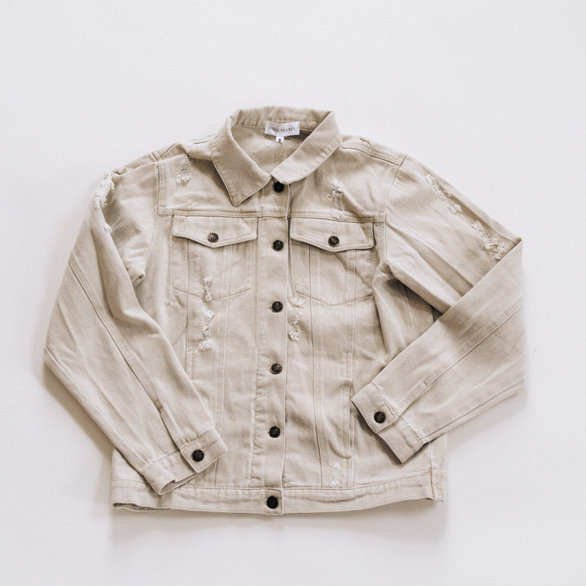 Nova's Rustic Edge Khaki Distressed Denim Jacket – Women