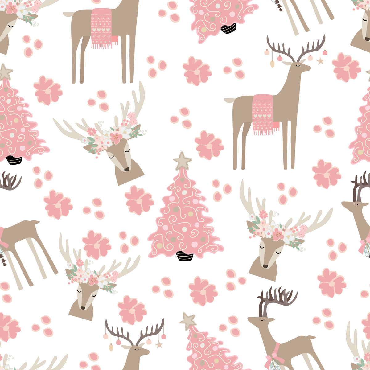 Close-up of festive deer print fabric on girls' pink Christmas nightgown.