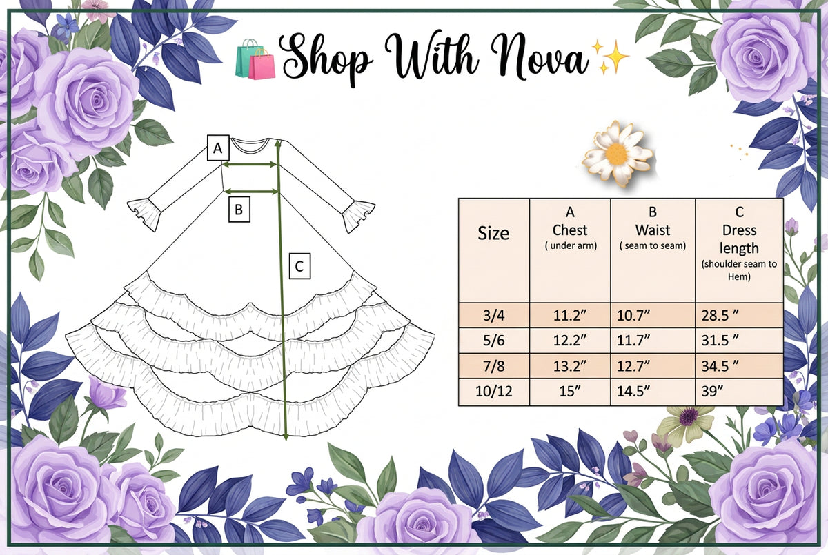 Size chart with garment measurements for girls' lavender floral ruffle dress.