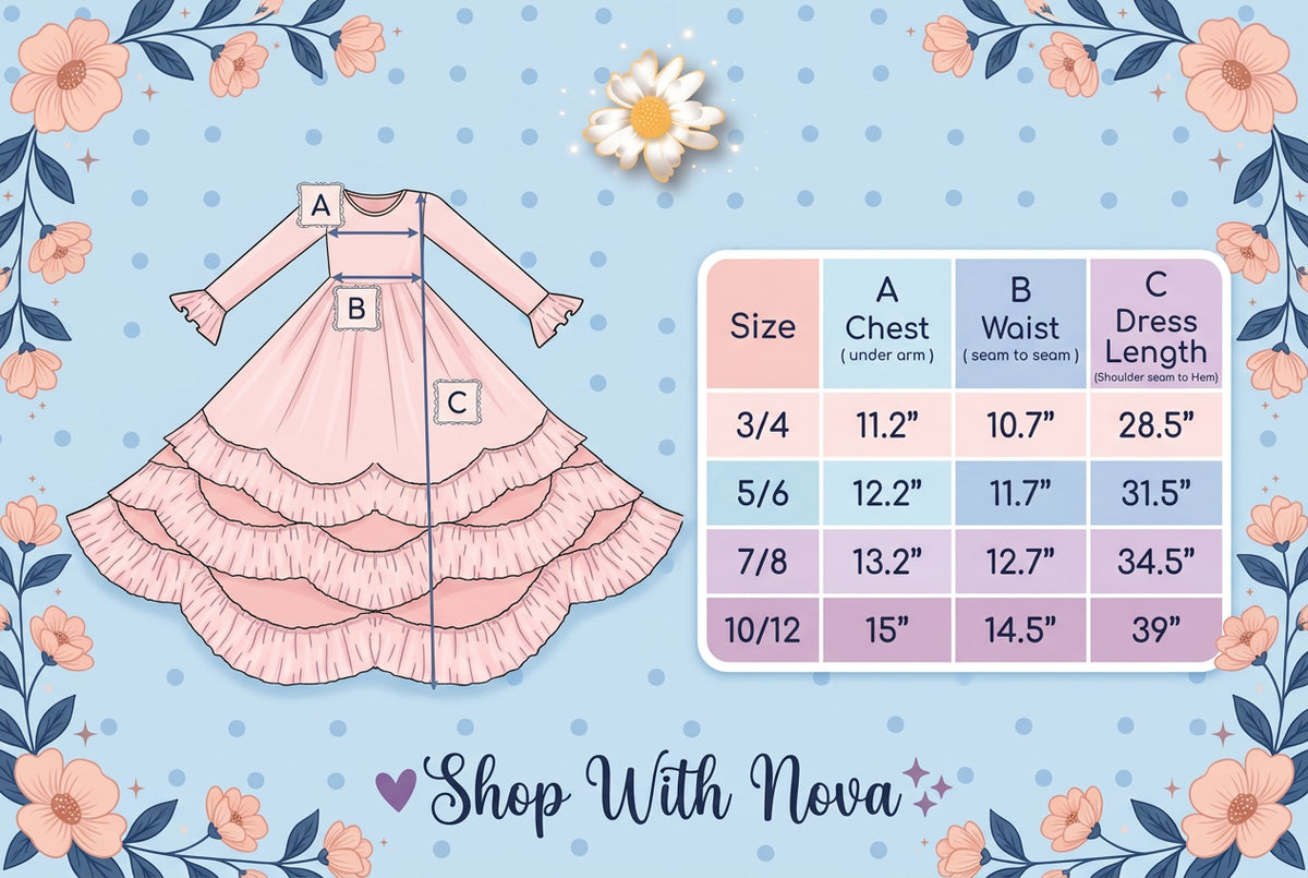Size chart showing garment measurements for Bella Winter Garden floral dress.