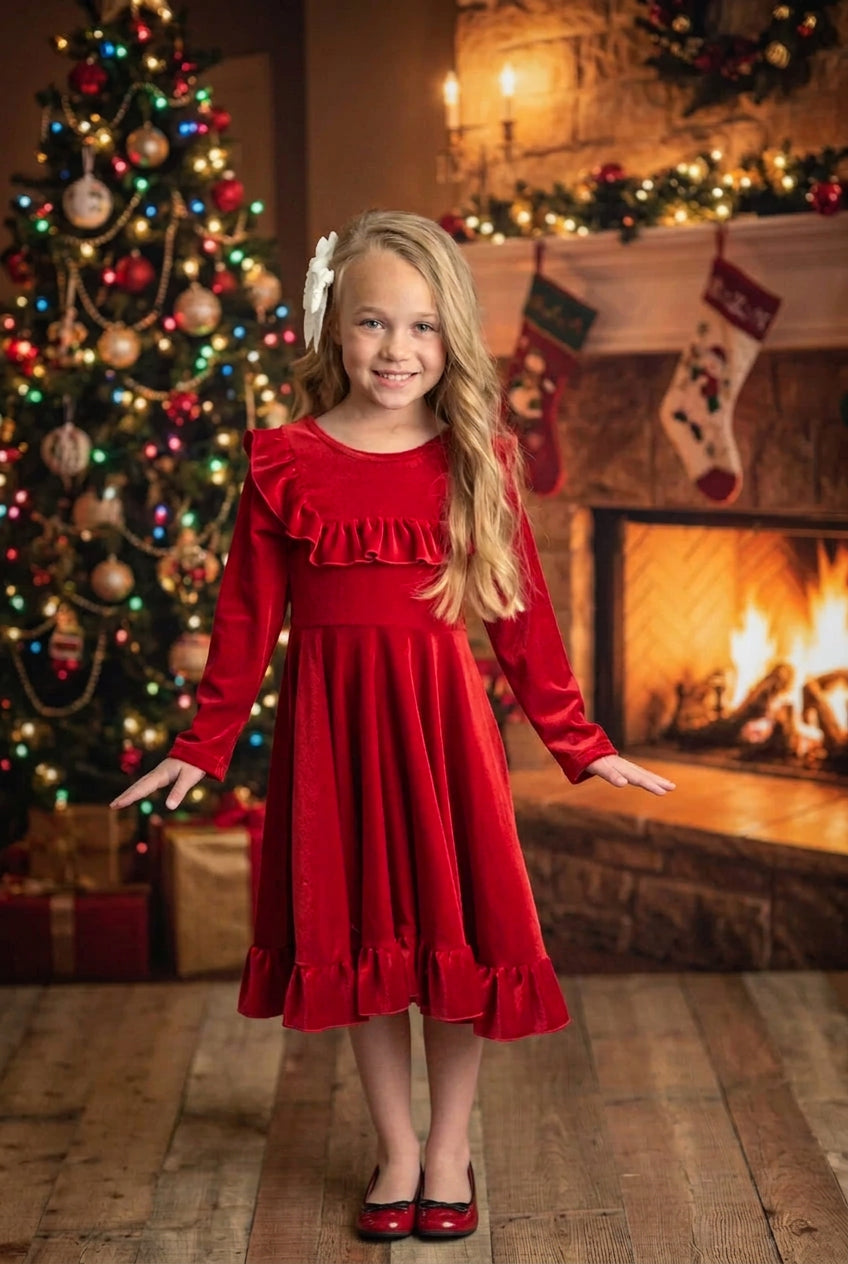 Front view of girls' Featuring a rich red velvet-look finish, elegant ruffles across the bodice, and a flowing skirt, this girls' Christmas dress is a charming choice for holiday parties, family portraits, and special celebrations.