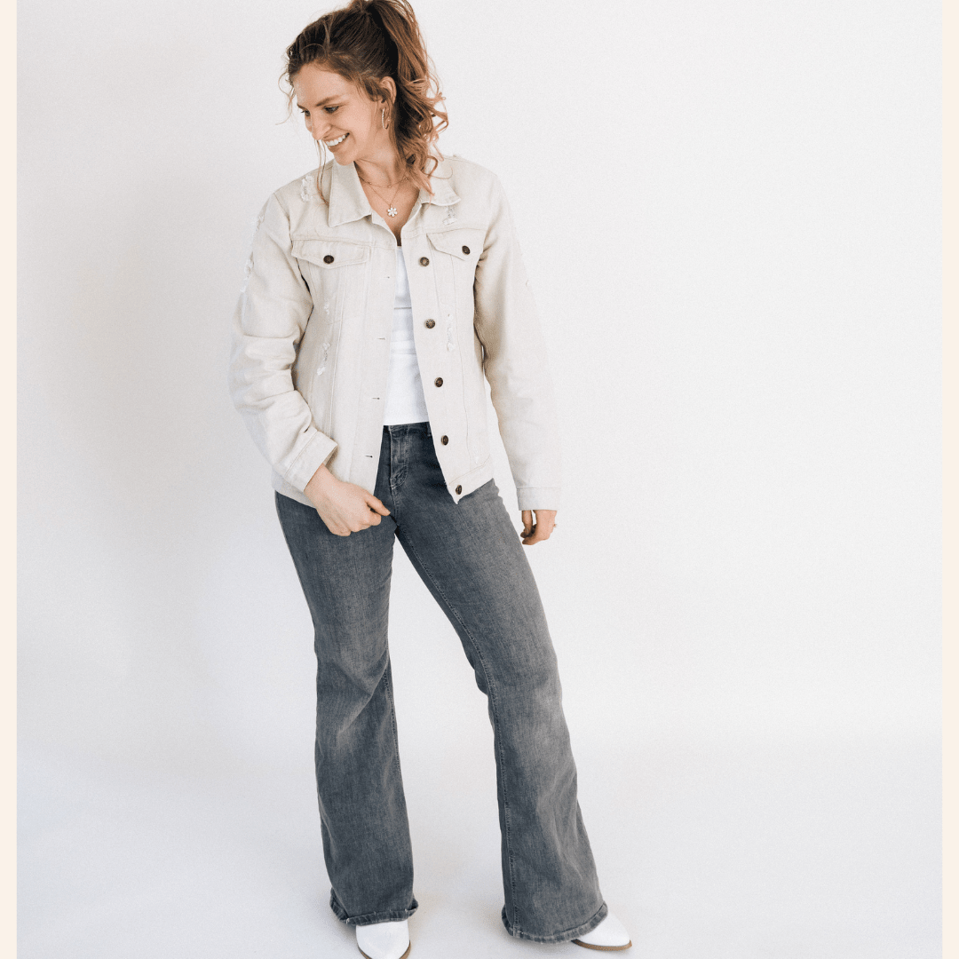 Nova's Rustic Edge Khaki Distressed Denim Jacket – Women