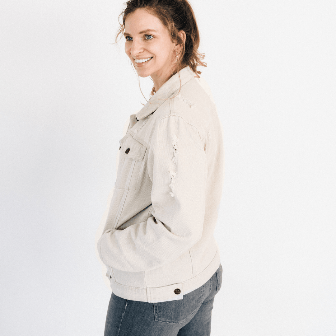 Nova's Rustic Edge Khaki Distressed Denim Jacket – Women