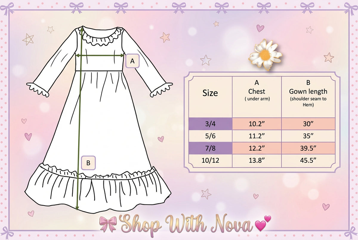 Size chart showing chest measurements and gown lengths for Nova's girls' pink Nutcracker Christmas nightgown.