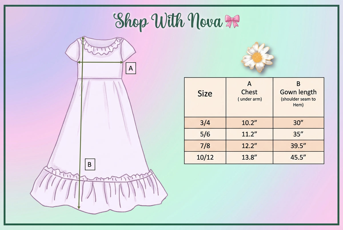 Size chart and measurements for girls' red bow Christmas lounge gown.