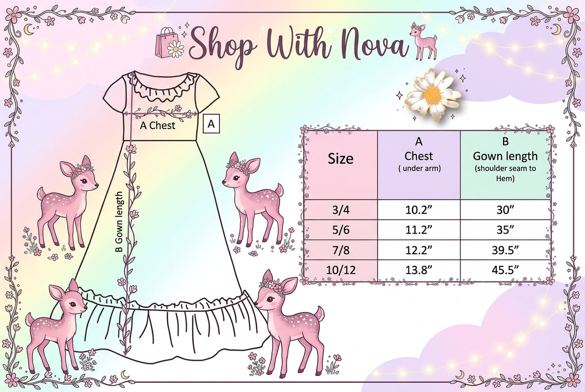 Size chart showing chest measurements and gown length for girls' pink deer lounge gown.
