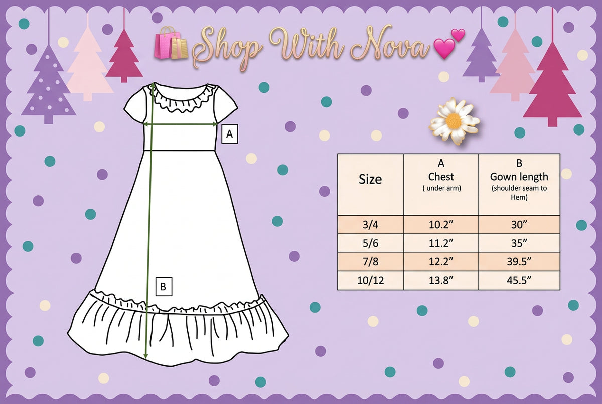 Size chart showing chest measurements and gown length for girls' purple Christmas nightgown.