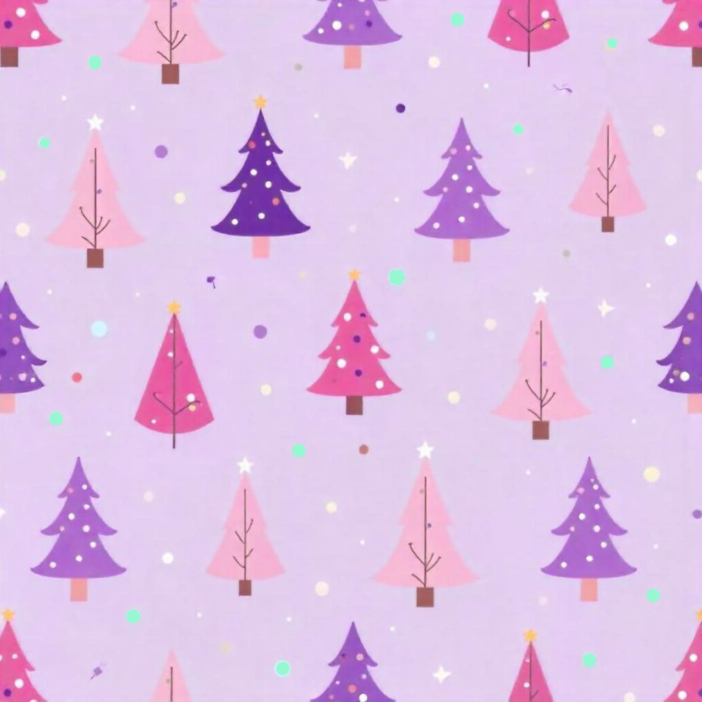 Close-up of pink and purple Christmas tree print on girls' holiday nightgown.