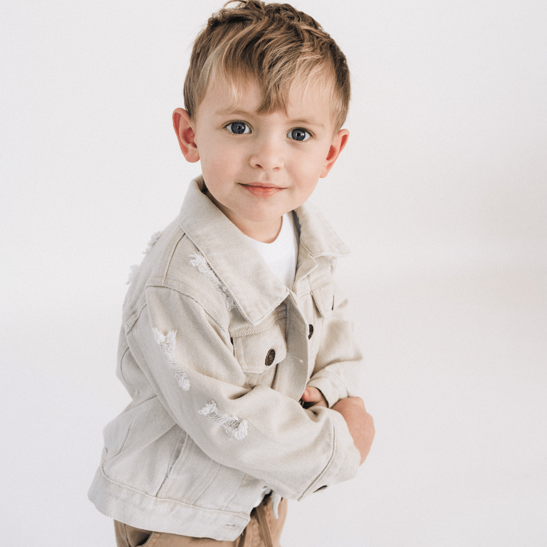 Nova's Rustic Edge Khaki Distressed Denim Jacket – Child