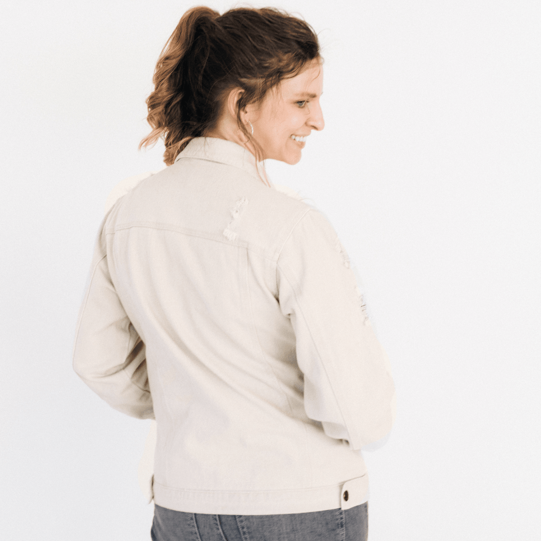Nova's Rustic Edge Khaki Distressed Denim Jacket – Women