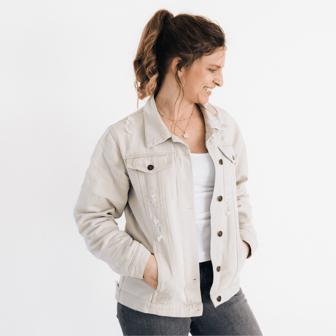 Nova's Rustic Edge Khaki Distressed Denim Jacket – Women