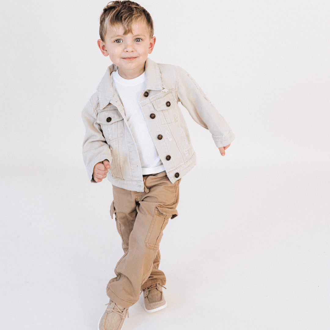 Nova's Rustic Edge Khaki Distressed Denim Jacket – Child